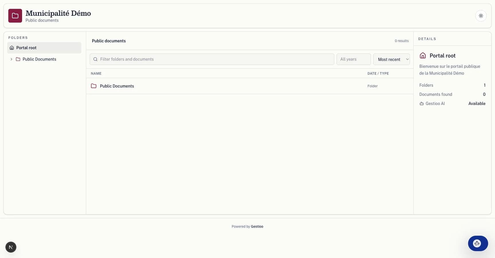 Gestioo public document portal with folder navigation and PDF preview